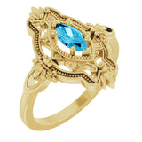 14K Gold Marquise Natural Aquamarine Vintage-Inspired Ring - Yellow Gold