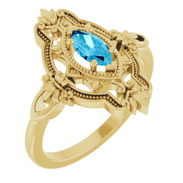 14K Gold Marquise Natural Aquamarine Vintage-Inspired Ring - Yellow Gold