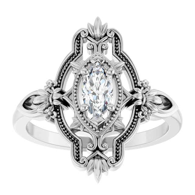 14K Gold Marquise Lab-Grown Moissanite Vintage-Inspired Ring - White Gold - view 3