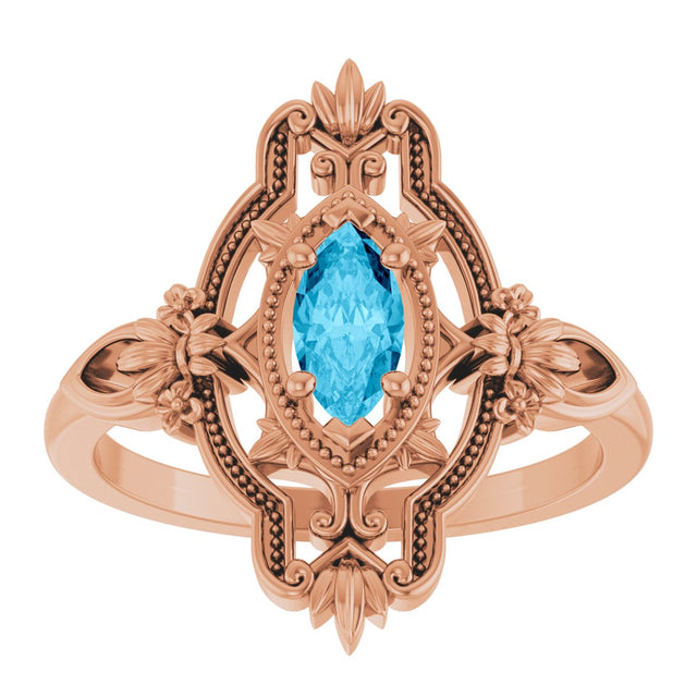 14K Gold Marquise Natural Aquamarine Vintage-Inspired Ring - Rose Gold - view 3