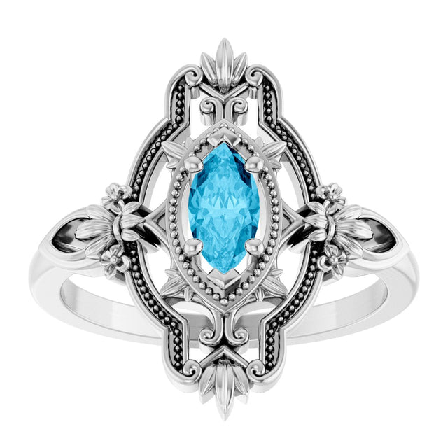 14K Gold Marquise Natural Aquamarine Vintage-Inspired Ring - White Gold - view 3