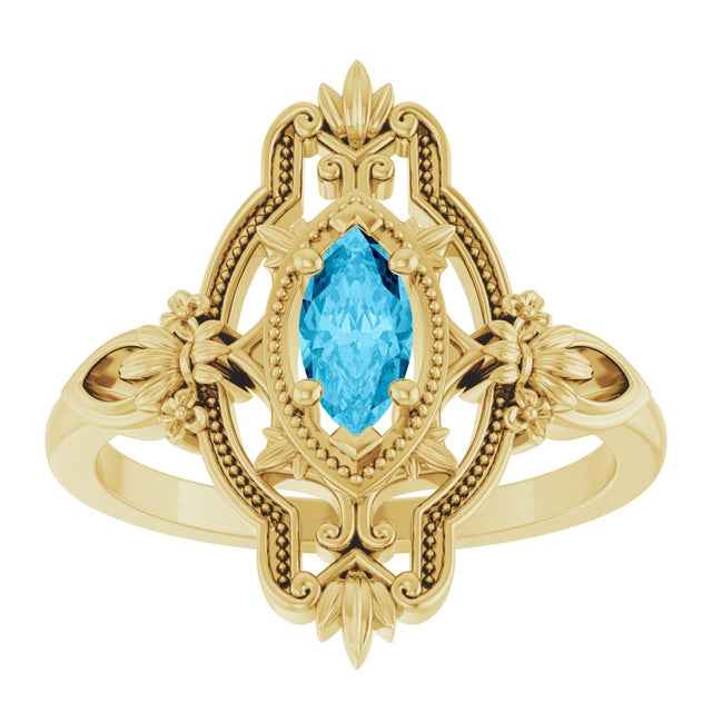 14K Gold Marquise Natural Aquamarine Vintage-Inspired Ring - Yellow Gold - view 3