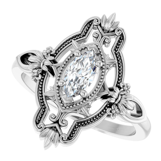 14K Gold Marquise Lab-Grown Moissanite Vintage-Inspired Ring - White Gold - view 5