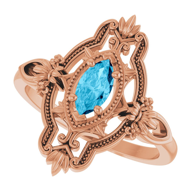 14K Gold Marquise Natural Aquamarine Vintage-Inspired Ring - Rose Gold - view 5