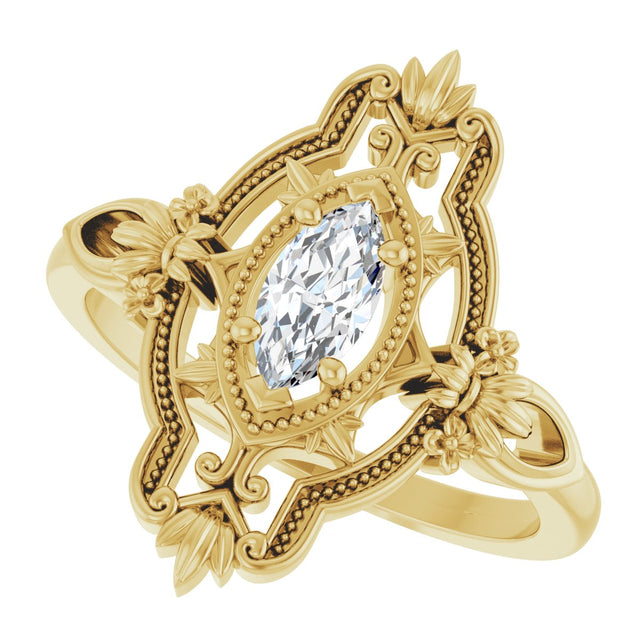 14K Gold Marquise Lab-Grown Moissanite Vintage-Inspired Ring - Yellow Gold - view 5