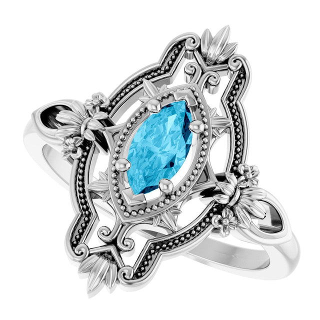 14K Gold Marquise Natural Aquamarine Vintage-Inspired Ring - White Gold - view 5