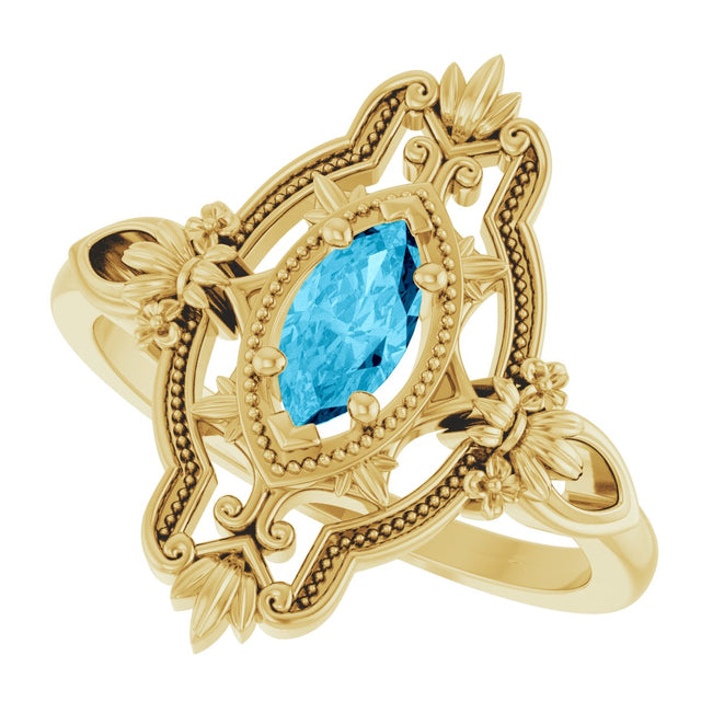 14K Gold Marquise Natural Aquamarine Vintage-Inspired Ring - Yellow Gold - view 5