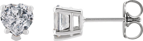 Platinum Natural White Sapphire Heart 5-Prong V-End Stud Earrings