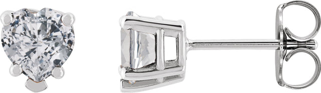 Platinum Natural White Sapphire Heart 5-Prong V-End Stud Earrings