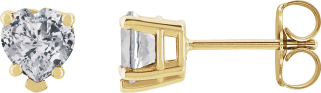 14K Gold Natural White Sapphire Heart 5-Prong V-End Stud Earrings - Yellow Gold