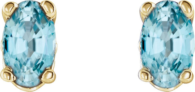 14K Gold Natural Blue Zircon Oval 4-Prong Scroll Setting Stud Earrings - Yellow Gold - view 2
