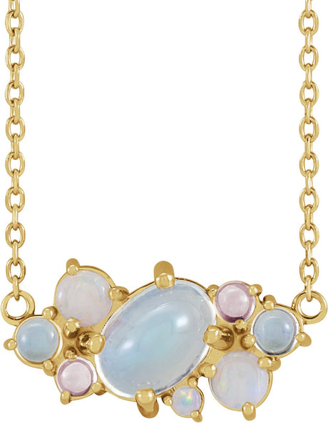 14K Gold Oval Natural Rainbow Moonstone Cabochon Scattered Necklace - Yellow Gold