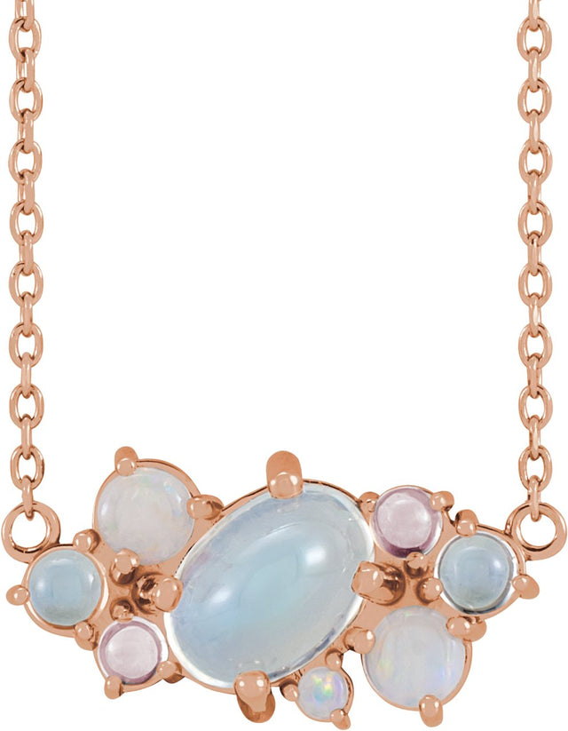 14K Gold Oval Natural Rainbow Moonstone Cabochon Scattered Necklace - Rose Gold