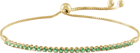 14K Gold Round Natural Emerald Adjustable Bolo Bracelet - Yellow Gold