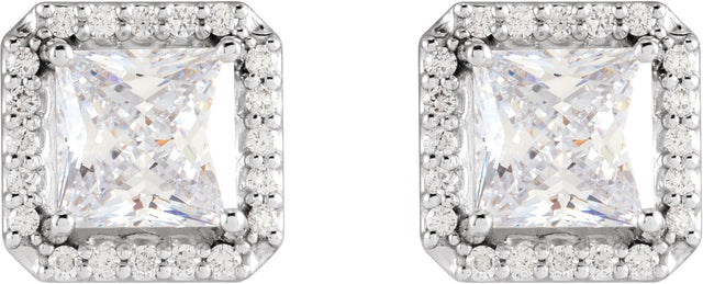 Platinum Lab-Grown Moissanite Natural Diamond Square 4-Prong Halo-Style Earring - view 4