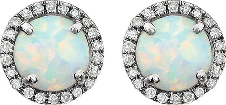 14K Gold Lab-Grown White Opal & Natural Diamond Round 4-Prong Halo-Style Birthstone Earrings - view 2