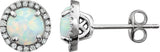 14K Gold Lab-Grown White Opal & Natural Diamond Round 4-Prong Halo-Style Birthstone Earrings