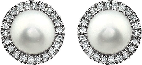14K Gold Pearl Cultured White Freshwater Pearl & Natural Diamond Round 4-Prong Halo-Style Birthstone Earrings - view 2