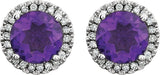 14K Gold Natural Amethyst & Natural Diamond Round 4-Prong Halo-Style Birthstone Earrings - view 2