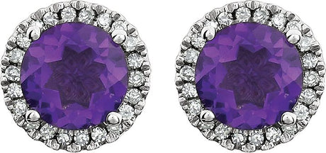 14K Gold Natural Amethyst & Natural Diamond Round 4-Prong Halo-Style Birthstone Earrings - view 2