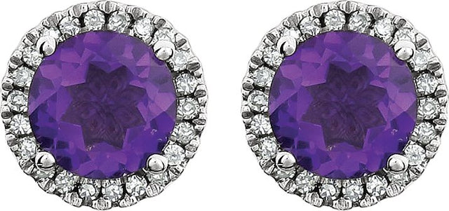 14K Gold Natural Amethyst & Natural Diamond Round 4-Prong Halo-Style Birthstone Earrings - view 2
