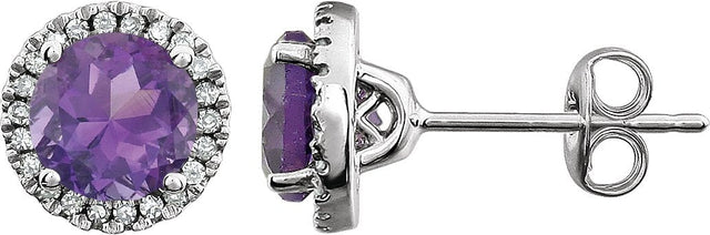 14K Gold Natural Amethyst & Natural Diamond Round 4-Prong Halo-Style Birthstone Earrings