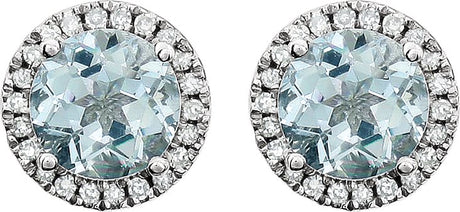 14K Gold Natural Aquamarine & Natural Diamond Round 4-Prong Halo-Style Birthstone Earrings - view 2