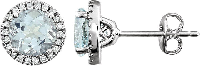 14K Gold Natural Aquamarine & Natural Diamond Round 4-Prong Halo-Style Birthstone Earrings