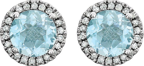 14K Gold Natural Sky Blue Topaz & Natural Diamond Round 4-Prong Halo-Style Birthstone Earrings - view 2