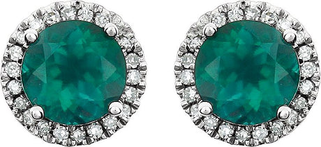 14K Gold Lab-Grown Emerald & Natural Diamond Round 4-Prong Halo-Style Birthstone Earrings - view 2