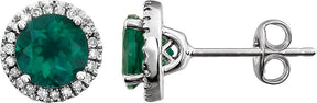 14K Gold Lab-Grown Emerald & Natural Diamond Round 4-Prong Halo-Style Birthstone Earrings