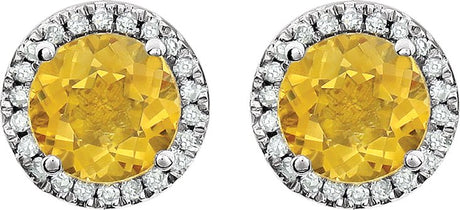 14K Gold Natural Citrine & Natural Diamond Round 4-Prong Halo-Style Birthstone Earrings - view 2