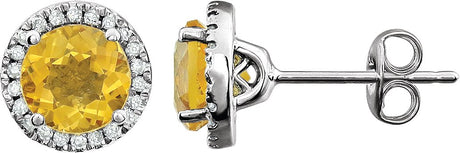 14K Gold Natural Citrine & Natural Diamond Round 4-Prong Halo-Style Birthstone Earrings