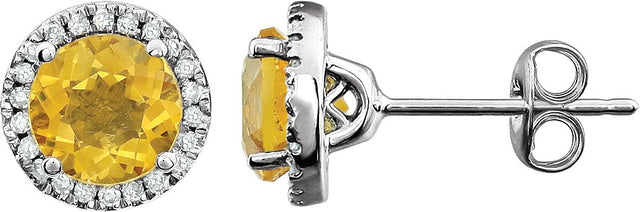 14K Gold Natural Citrine & Natural Diamond Round 4-Prong Halo-Style Birthstone Earrings