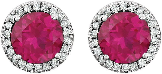 14K Gold Lab-Grown Ruby & Natural Diamond Round 4-Prong Halo-Style Birthstone Earrings - view 2