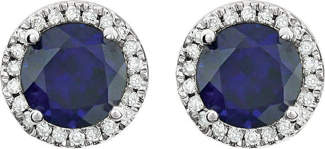 14K Gold Lab-Grown Blue Sapphire & Natural Diamond Round 4-Prong Halo-Style Birthstone Earrings - view 2