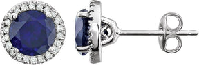 14K Gold Lab-Grown Blue Sapphire & Natural Diamond Round 4-Prong Halo-Style Birthstone Earrings