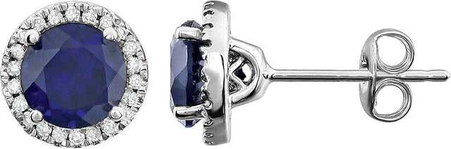 14K Gold Lab-Grown Blue Sapphire & Natural Diamond Round 4-Prong Halo-Style Birthstone Earrings