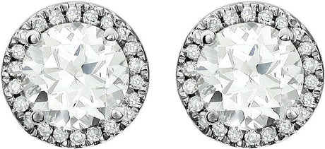 14K Gold Lab-Grown White Sapphire & Natural Diamond Round 4-Prong Halo-Style Birthstone Earrings - view 2