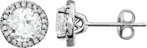 14K Gold Lab-Grown White Sapphire & Natural Diamond Round 4-Prong Halo-Style Birthstone Earrings