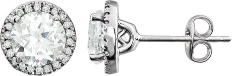14K Gold Lab-Grown White Sapphire & Natural Diamond Round 4-Prong Halo-Style Birthstone Earrings