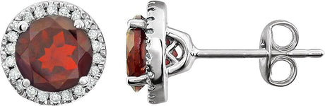 14K Gold Natural Mozambique Garnet & Natural Diamond Round 4-Prong Halo-Style Birthstone Earrings