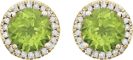 14K Gold Natural Peridot & Natural Diamond Round 4-Prong Halo-Style Birthstone Earrings - view 2