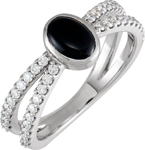 Platinum Oval Natural Black Onyx & Natural Diamond Accented Cabochon Ring – 8x6mm