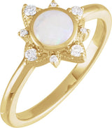 14K Gold Round Natural White Opal & Natural Diamond Cabochon Halo-Style Ring - Yellow Gold