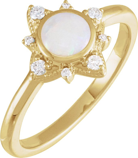 14K Gold Round Natural White Opal & Natural Diamond Cabochon Halo-Style Ring - Yellow Gold