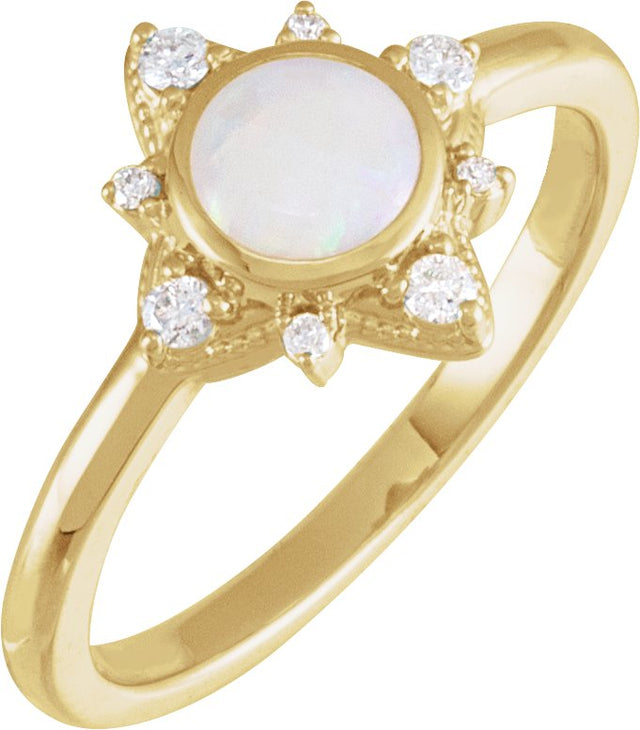 14K Gold Round Natural White Opal & Natural Diamond Cabochon Halo-Style Ring - Yellow Gold