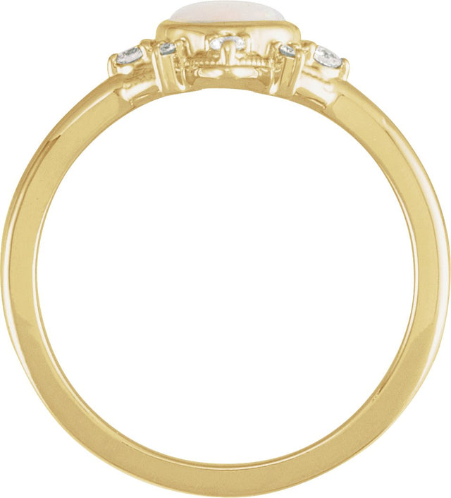 14K Gold Round Natural White Opal & Natural Diamond Cabochon Halo-Style Ring - Yellow Gold - view 2