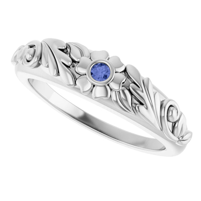 14K Gold Round Natural Tanzanite Accented Floral Ring - White Gold - view 5