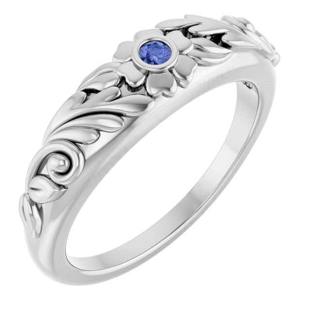 14K Gold Round Natural Tanzanite Accented Floral Ring - White Gold